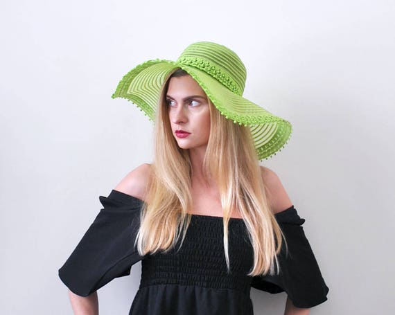 1970’s lime green hat. floppy. 70 wide brim hat. b