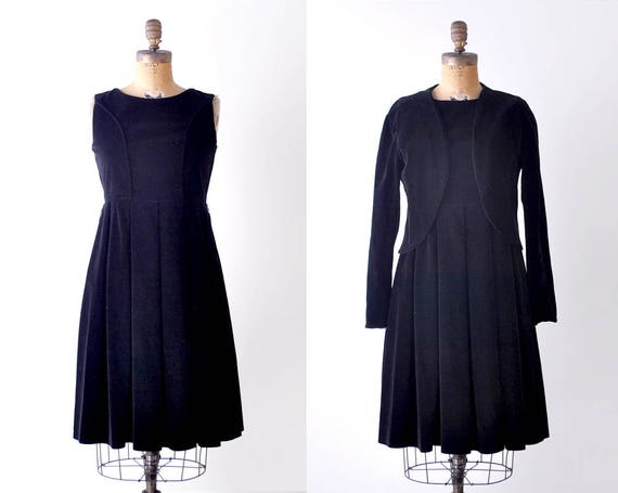 1950's velvet dress. black. 50's pleated dress. m… - image 1