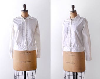 Antique cotton blouse. 1910’s button shirt. collared. French cuffs. broadcloth. Edwardian white top.