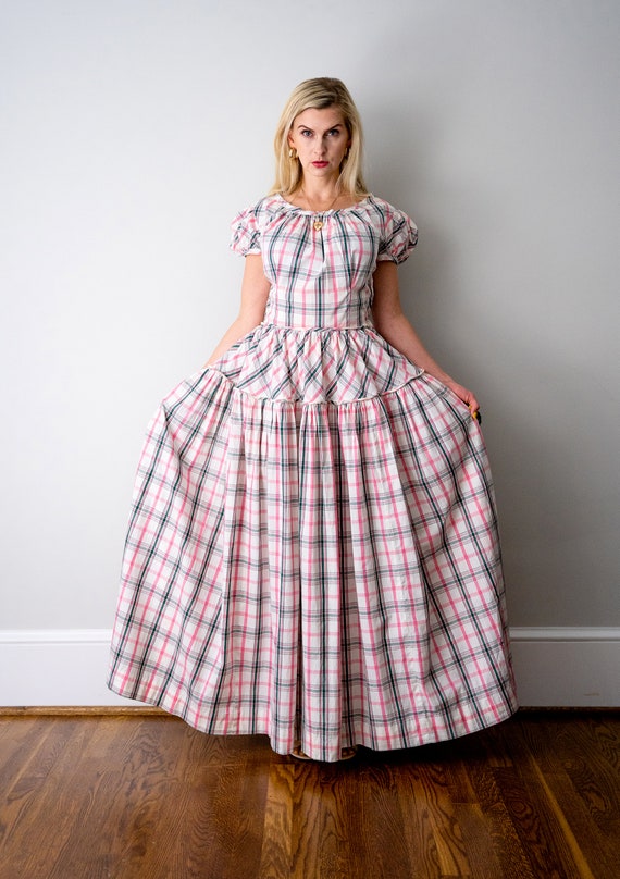 1940's pink green and white plaid gown. vintage 4… - image 3