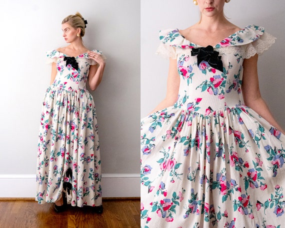 1940's Floral Evening Dress. M. 40 flower print g… - image 1