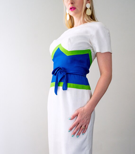 XL 1960s Color Block Shift Dress Long Sleeve Lattice Print