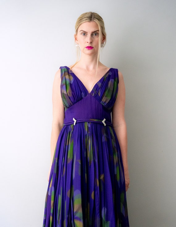 1960's purple chiffon gown. 60's watercolor flora… - image 2