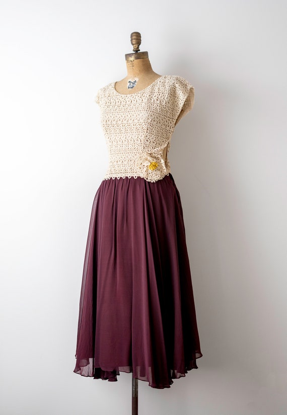 40's burgundy dress. 1940 lace dress. cream & red… - image 5