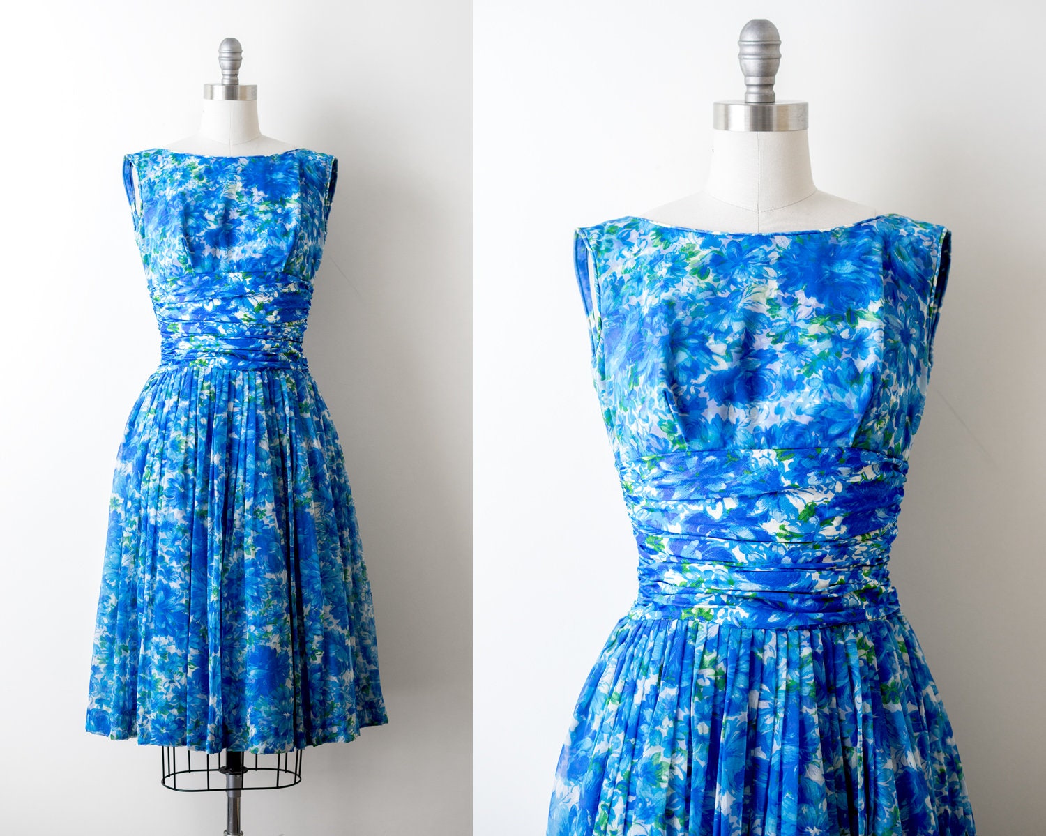 Vintage Pleated Blue Floral Dress