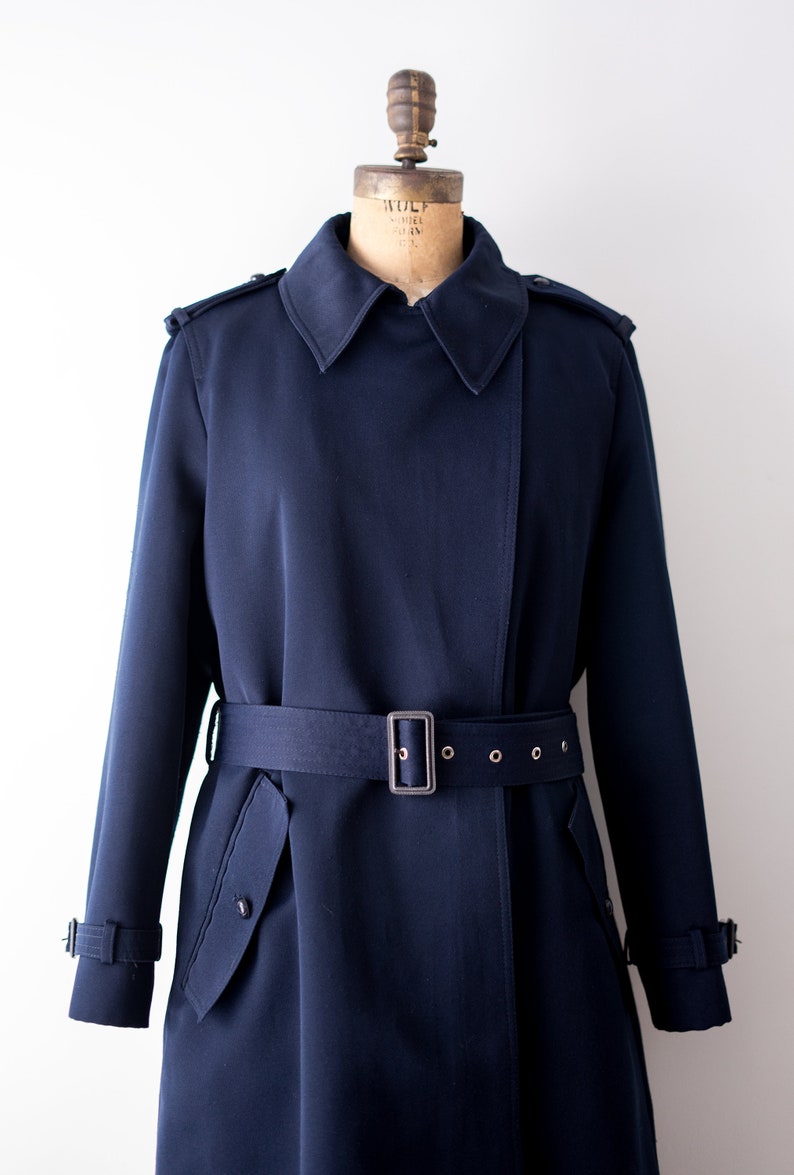 Belt Military style Rain coat polyester 1970 trench coat XL Vintage 70\u2019s navy blue coat
