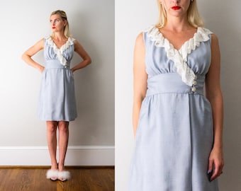 60's light blue mini dress. 1960 raw silk wrap dress. white lace. rhinestones. ruffle dress. sleeveless. s. xs.