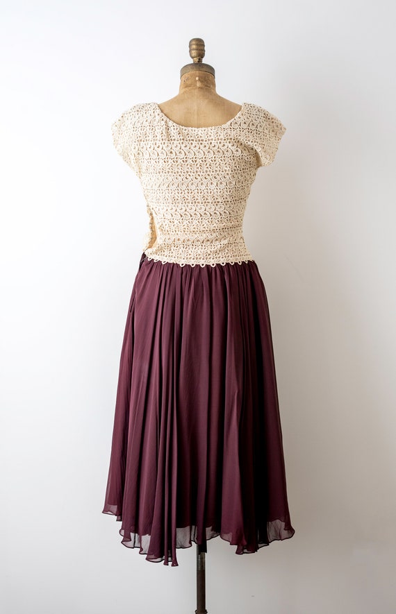 40's burgundy dress. 1940 lace dress. cream & red… - image 7