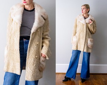 70's cream Persian Lamb coat. faux fur 1970's coat. double breasted. m. l. boho. fur collar.