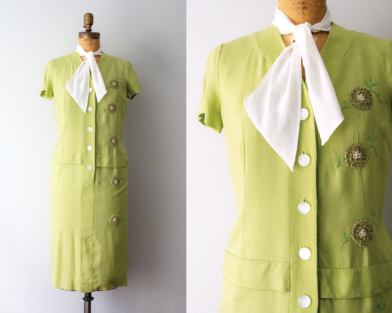 1960s green linen dress with flowers. 60s chartreuse dress. floral. pearl. white chiffon scarf. shift dress. m.