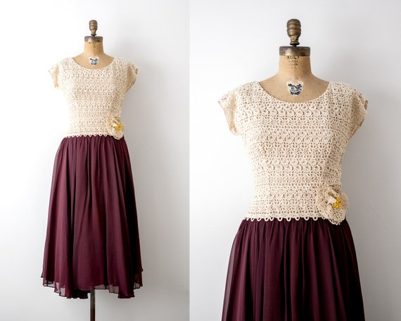 40's burgundy dress. 1940 lace dress. cream & red… - image 1