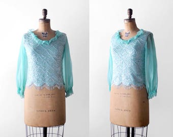 60 sequin top. s. 1960's green blouse. beaded. chiffon. aqua. 60's scalloped blouse. blue