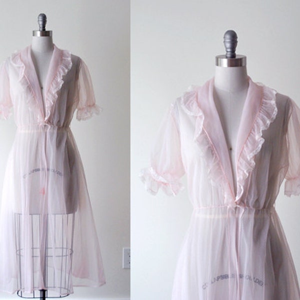 60 pink robe. 1960's sheer negligee. robe. small. ruffles. night gown. pink negligee 60s.