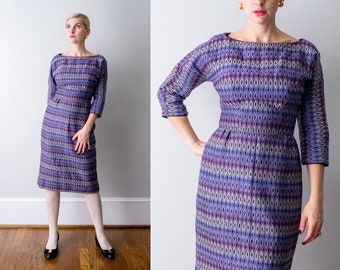 1950's purple striped sheath dress. vintage 50 wiggle dress. diamonds. wool sheath dress. xs. 60s
