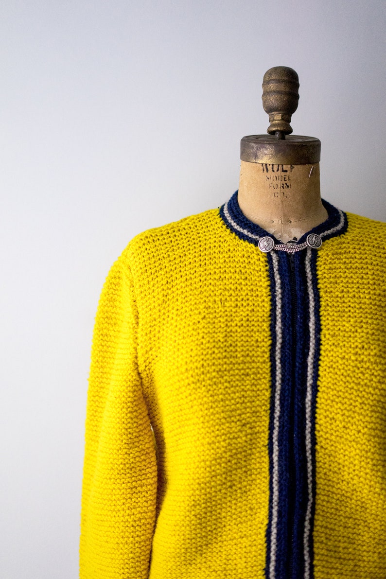 Large sweater yellow 50 vintage sweater Zipper Navy blue 1950\u2019s knit cardigan chunky.