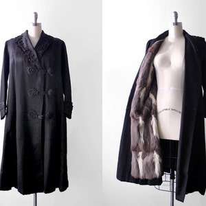 1920's black coat. fur lined overcoat. 20's soutache coat. Russian squirrel. large.