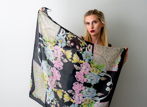 40's black and pastel scarf. vintage 1940 floral … - image 2