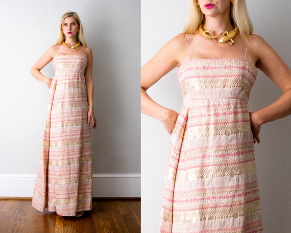 1960 metallic dress. 60's evening gown. pink & go… - image 1