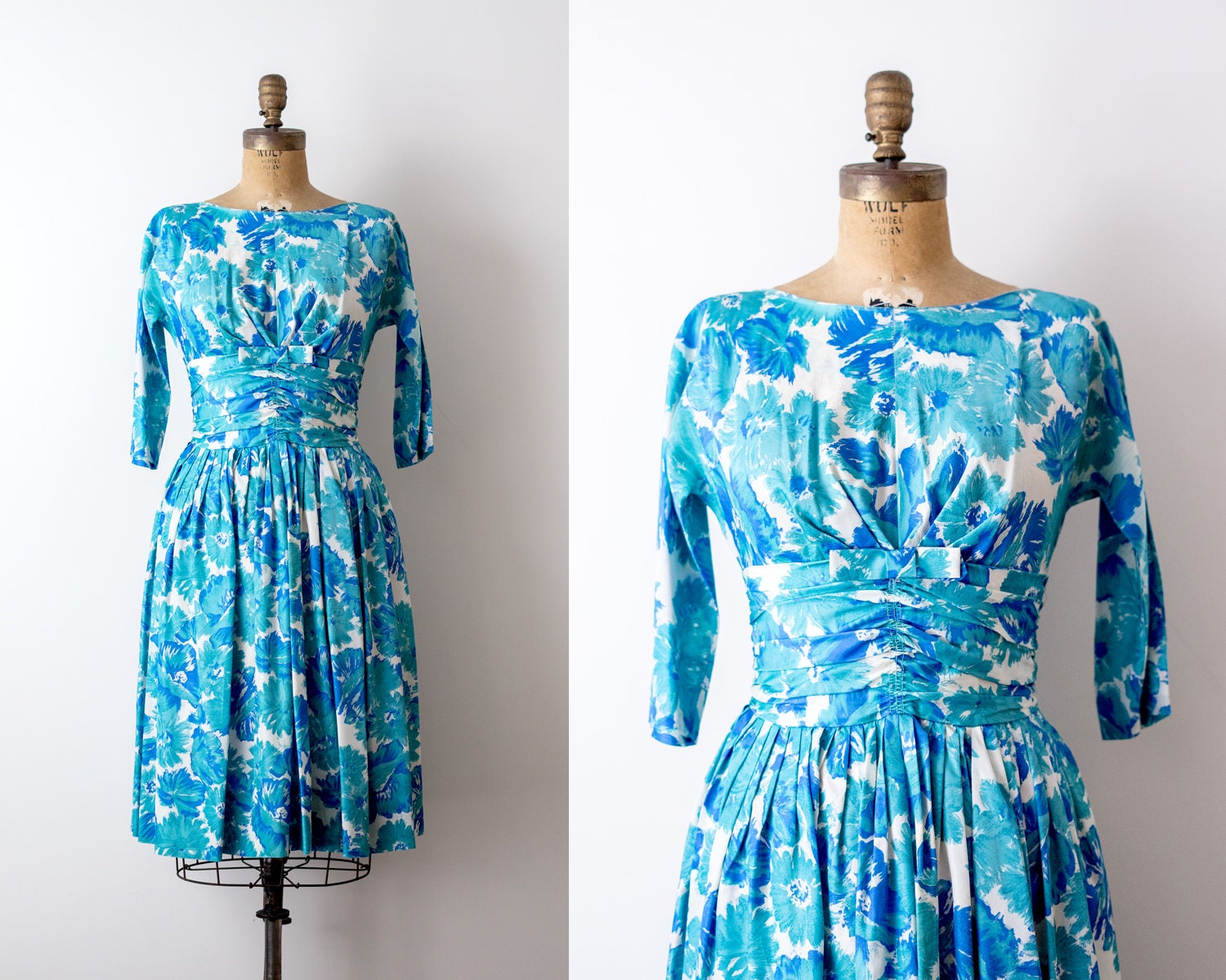 Vintage Pleated Blue Floral Dress