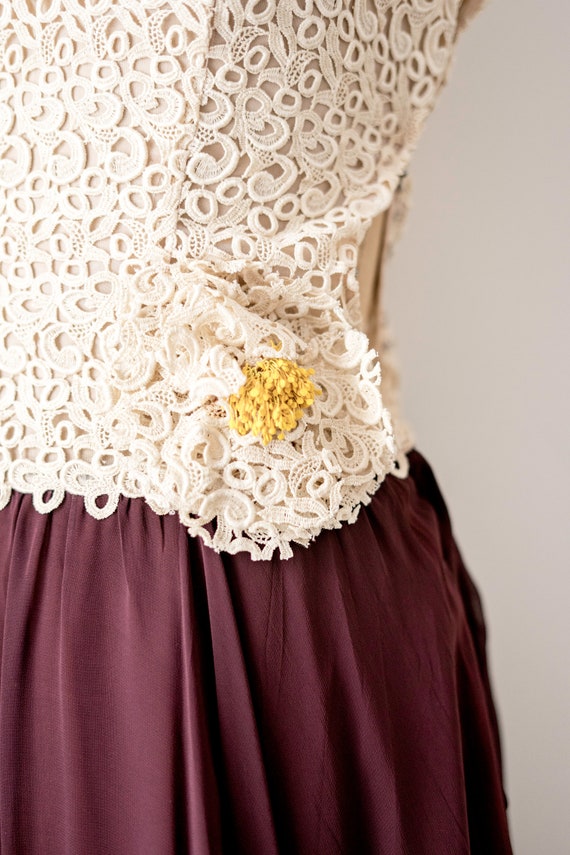 40's burgundy dress. 1940 lace dress. cream & red… - image 4