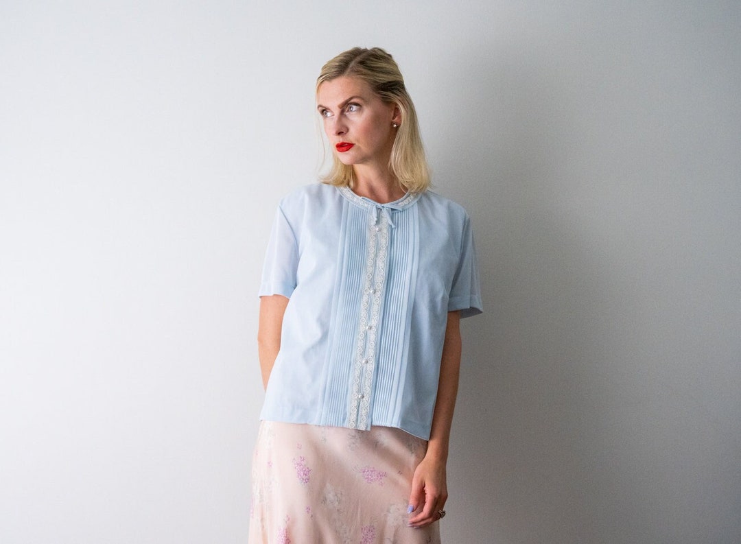 60's Blue Nylon Shirt. Large 1960's Lace Blouse. Buttons, Bow. Lace