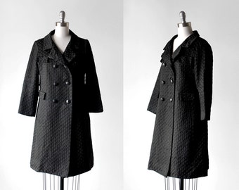 60 mod coat. medium. 1960's pea coat. black embroidered. 60's black shift coat.