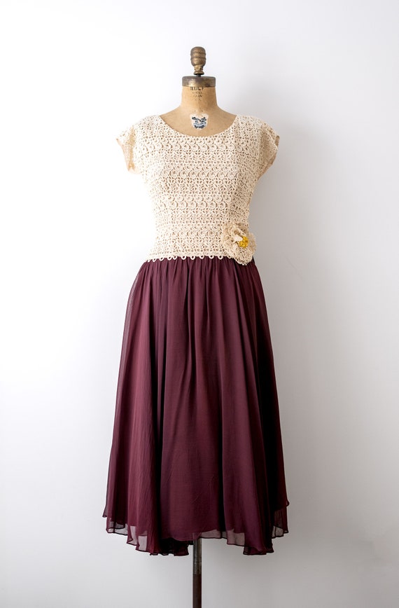 40's burgundy dress. 1940 lace dress. cream & red… - image 10