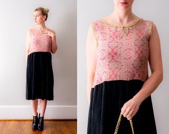 1920’s black & pink dress. Vintage 20’s print dress. Art Deco flapper. Crepe. velour. lace. small. m.