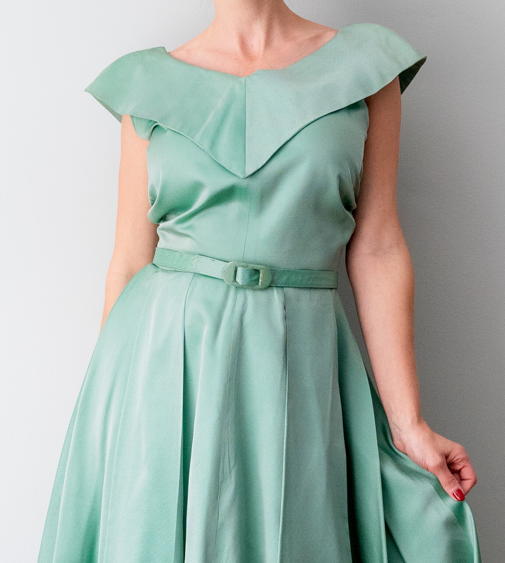 slim fit dress slacks 1950s Green Polka Dot Swing Shirtwaist Midi Dress 3309 – Xiaolizi main image 1