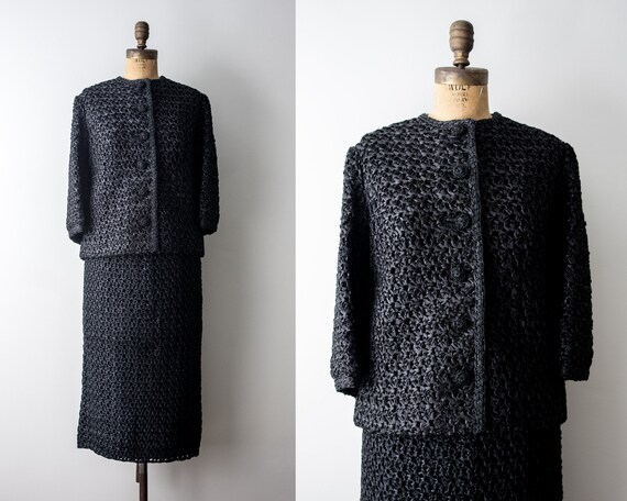 1950's Black Suit Set. Vintage 50 Ribbon crochet b