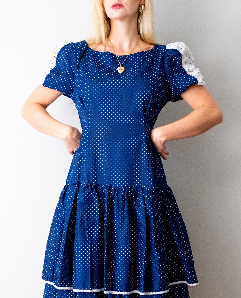 Vintage 1980s Blue Polka Dot Bias Cut Dress