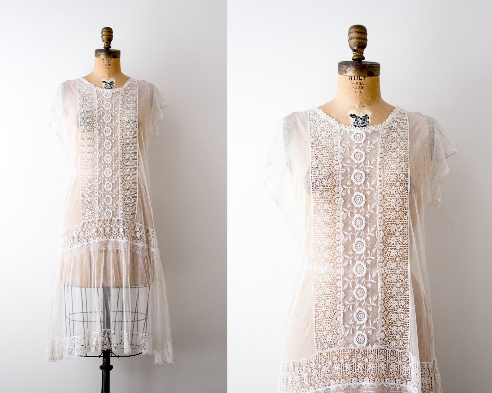 1920s White Lace Dress. 20s Wedding Dress. Floral Embroidered. Drop ...