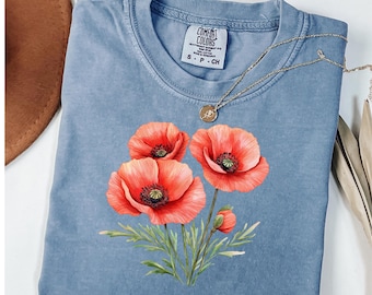 T-shirt met klaproos • T-shirt met comfortabele kleuren en bloemen • Shirt met botanische wilde bloemen • Cottagecore-esthetiek • Cadeau voor natuurliefhebber • Tuinshirt