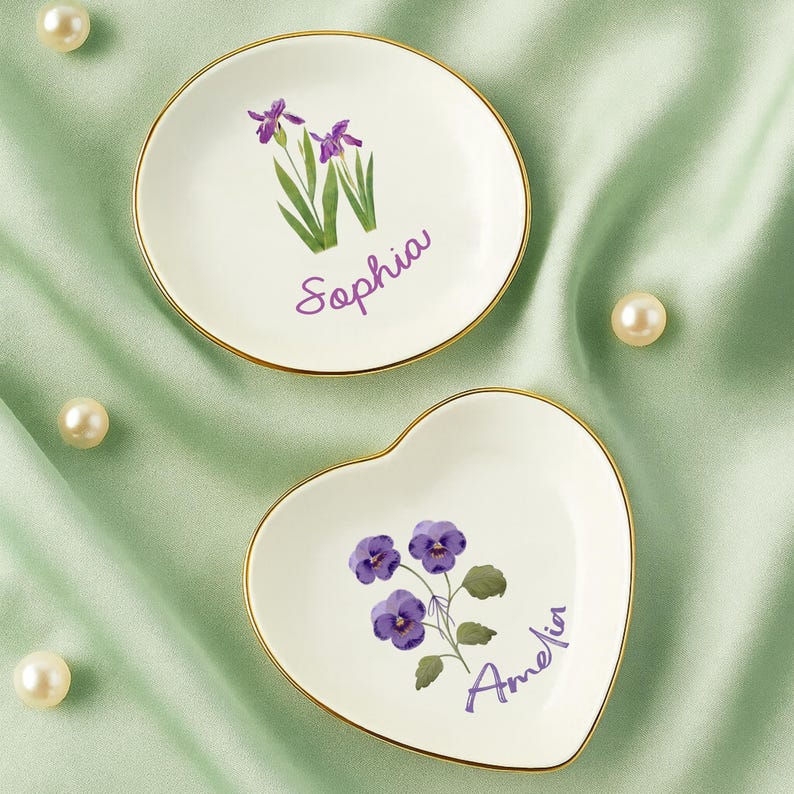 Birth Month Flower Ring Dish, Personalized Jewelry Tray with Name & Font, Custom Floral Ring Dish, Personalized Name Ring Dish, Birth Flower