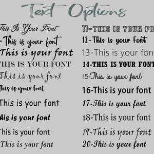 May include: A light gray background displays the words "Text Options" in a script font. Below, twenty font options are shown, each with the phrase "This is your font" in various styles, numbered 1 through 20.