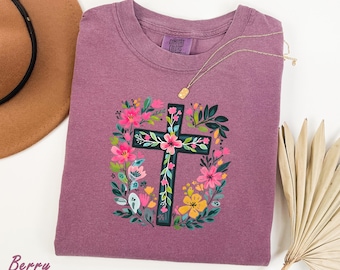 Koszulka Floral Cross Comfort Colors®, chrześcijańska koszulka wielkanocna, bluza z wielkanocnym krzyżem, prezent religijny, koszulka oparta na wierze, bluza z kapturem Faith Jesus