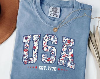 Comfort Colors© Floral USA Shirt, America Shirt, Fourth of July Shirt,4th of July Tee,Patriotic Women Shirt,USA Est 1776 Shirt,Girly USA Tee