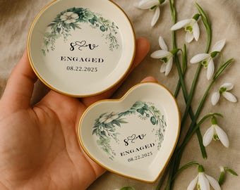 Personalized Engagement Ring Dish, Custom Initials Jewelry Tray, Wedding Gold and Black Print Keepsake, Engagement Gift for Couple