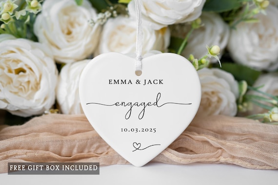 Engagement Ornament Personalized Heart, Custom Engaged Gift for Couple, Wedding Keepsake with Names & Date, Engagement Ceramic Ornament