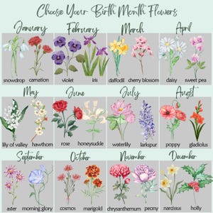 May include: A chart displaying watercolor illustrations of birth month flowers. Each month features a different flower, including snowdrop, carnation, violet, iris, daffodil, cherry blossom, daisy, sweet pea, lily of the valley, hawthorn, rose, honeysuckle, waterlily, larkspur, poppy, gladiolus, aster, morning glory, cosmos, marigold, chrysanthemum, peony, narcissus, and holly.