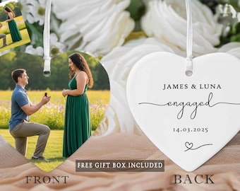 Custom Engagement Double Side Couple Photo Ornament, Heart Shape Ceramic Keepsake with Names & Date, Personalized Engagement Ornament 2025