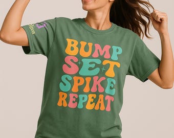Custom Volleyball Shirt Comfort Colors®, Bump Set Spike Repeat Tee, Personalized Name Sleeve Shirt, Gift for Volleyball Player Girls & Teams