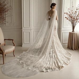 Wedding Cape, Bridal cape, Wedding Bridal cape veil Cape veil, Long Modern veil Draped bridal cape coverup, bridal cover up, shoulder train
