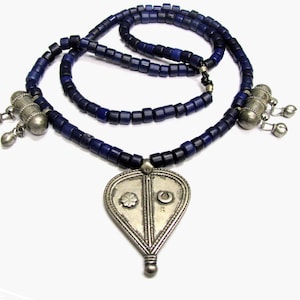 Vintage Indian Amulet, Necklace, South India Cache-Sexe Pendant,  Cobalt Glass Beads