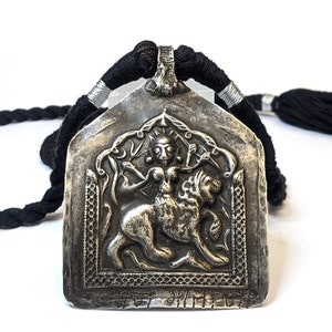 Antique Indian Amulet, Goddess Durga Amulet, Hindu Goddess Amulet, Rajasthan Amulet, High Grade Silver, Black Cotton Cord, 35 Grams 1.23oz image 1