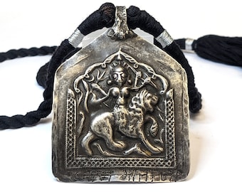 Antique Indian Amulet, Goddess Durga Amulet, Hindu Goddess Amulet, Rajasthan Amulet, High Grade Silver, Black Cotton Cord, 35 Grams (1.23oz)