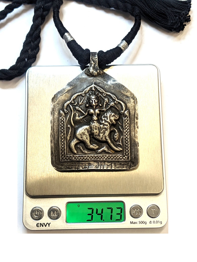 Antique Indian Amulet, Goddess Durga Amulet, Hindu Goddess Amulet, Rajasthan Amulet, High Grade Silver, Black Cotton Cord, 35 Grams 1.23oz image 8