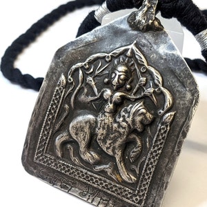 Antique Indian Amulet, Goddess Durga Amulet, Hindu Goddess Amulet, Rajasthan Amulet, High Grade Silver, Black Cotton Cord, 35 Grams 1.23oz image 3