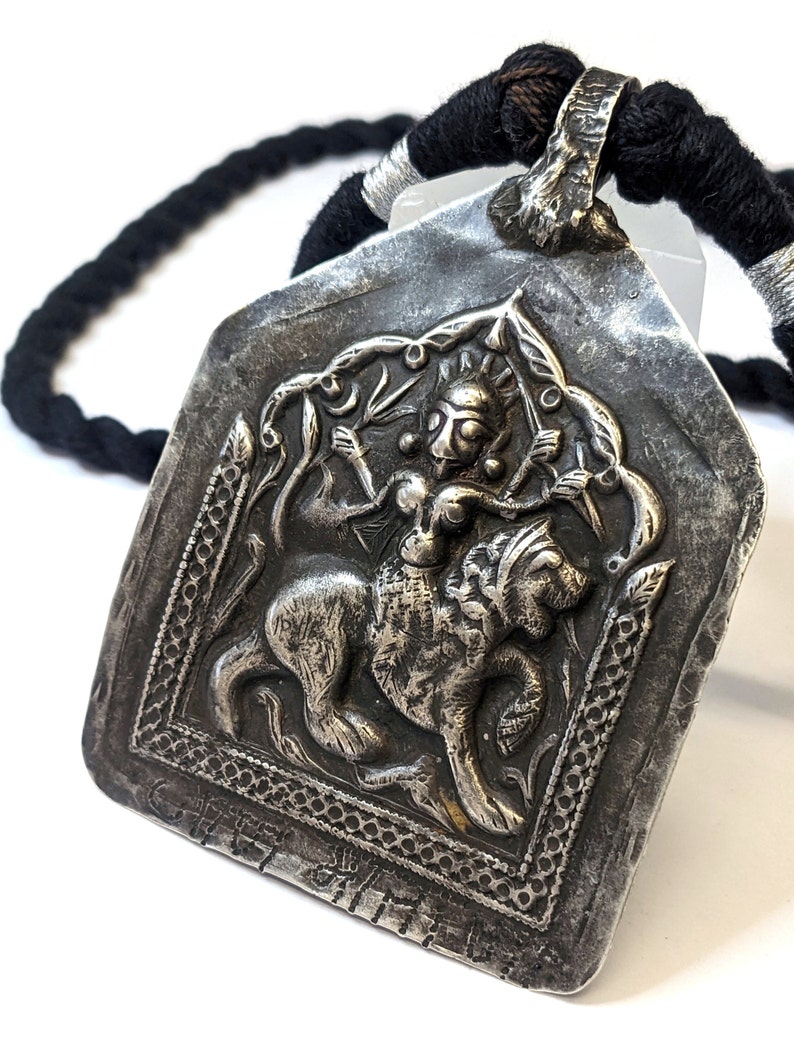 Antique Indian Amulet, Goddess Durga Amulet, Hindu Goddess Amulet, Rajasthan Amulet, High Grade Silver, Black Cotton Cord, 35 Grams 1.23oz image 3