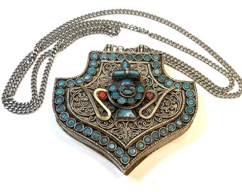Nepal Gau Box, Nepalese Gau Necklace, Faux Turquoise, Faux Coral Glass Stones, Mixed Metal Chain, 63cm (25"), 46.4 Grams (1.637 oz.)